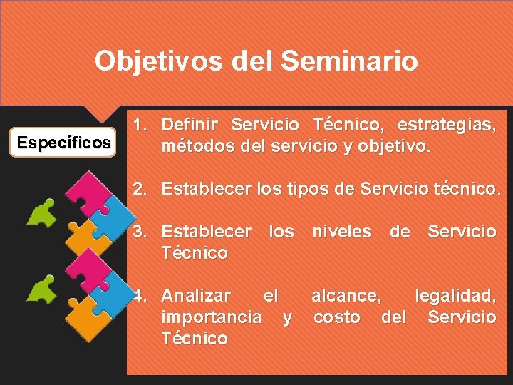 Objetivos del Seminario Específicos 1. Definir Servicio Técnico, estrategias, métodos del servicio y objetivo. Objetivos del Seminario Específicos 1. Definir Servicio Técnico, estrategias, métodos del servicio y objetivo.