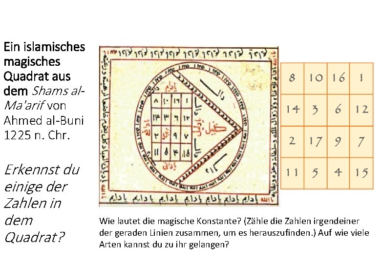Ein islamisches magisches Quadrat aus dem Shams al. Ma'arif von Ahmed al-Buni 1225 n. Ein islamisches magisches Quadrat aus dem Shams al. Ma'arif von Ahmed al-Buni 1225 n.