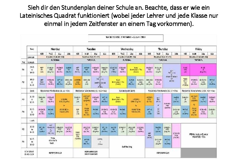 Sieh dir den Stundenplan deiner Schule an. Beachte, dass er wie ein Lateinisches Quadrat Sieh dir den Stundenplan deiner Schule an. Beachte, dass er wie ein Lateinisches Quadrat