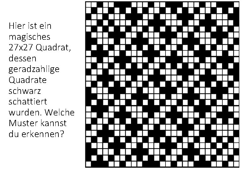 Hier ist ein magisches 27 x 27 Quadrat, dessen geradzahlige Quadrate schwarz schattiert wurden. Hier ist ein magisches 27 x 27 Quadrat, dessen geradzahlige Quadrate schwarz schattiert wurden.
