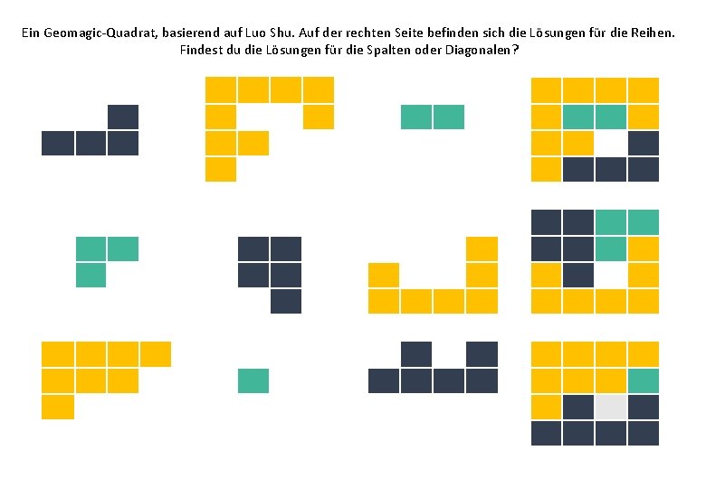Ein Geomagic-Quadrat, basierend auf Luo Shu. Auf der rechten Seite befinden sich die Lösungen Ein Geomagic-Quadrat, basierend auf Luo Shu. Auf der rechten Seite befinden sich die Lösungen