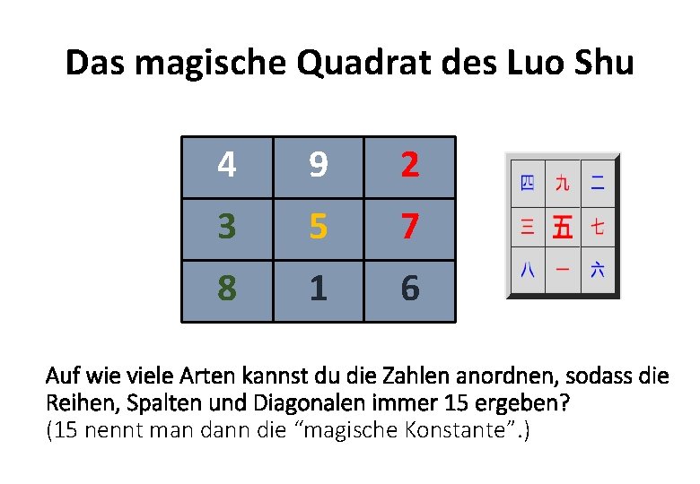 Das magische Quadrat des Luo Shu 4 9 2 3 5 7 8 1 Das magische Quadrat des Luo Shu 4 9 2 3 5 7 8 1