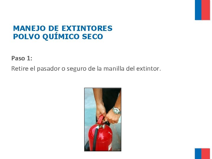 MANEJO DE EXTINTORES POLVO QUÍMICO SECO Paso 1: Retire el pasador o seguro de