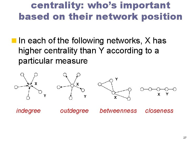 centrality: who’s important based on their network position n In each of the following