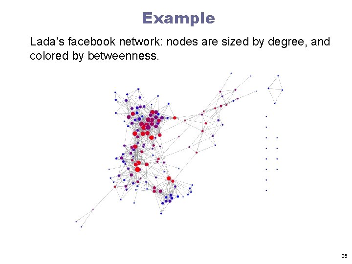 Example Lada’s facebook network: nodes are sized by degree, and colored by betweenness. 36