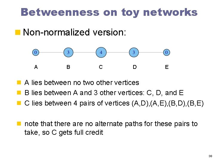 Betweenness on toy networks n Non-normalized version: A B C D E n A