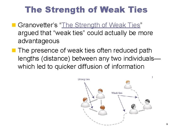 The Strength of Weak Ties n Granovetter’s “The Strength of Weak Ties” argued that