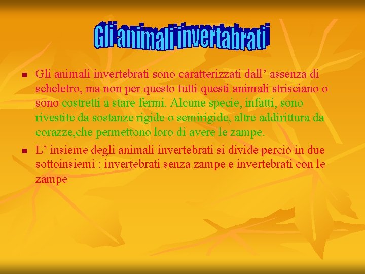 n n Gli animali invertebrati sono caratterizzati dall’ assenza di scheletro, ma non per