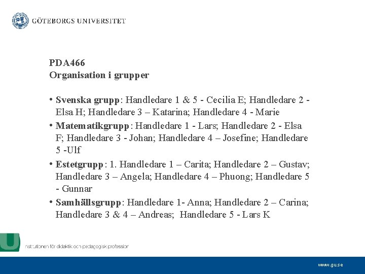 PDA 466 Organisation i grupper • Svenska grupp: Handledare 1 & 5 - Cecilia