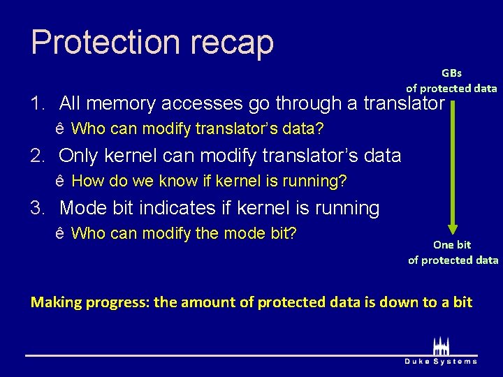 Protection recap GBs of protected data 1. All memory accesses go through a translator