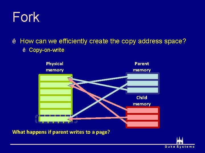 Fork ê How can we efficiently create the copy address space? ê Copy-on-write Physical Fork ê How can we efficiently create the copy address space? ê Copy-on-write Physical