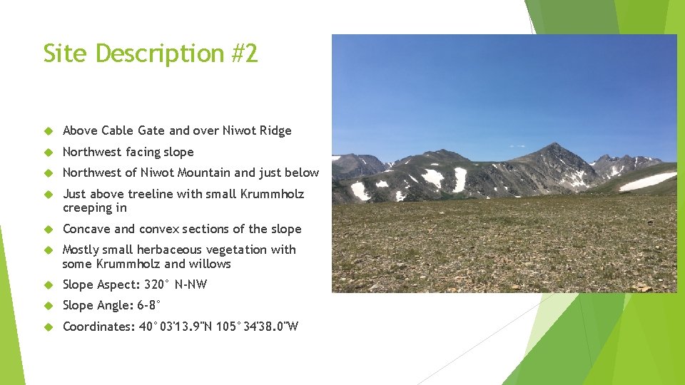 Site Description #2 Above Cable Gate and over Niwot Ridge Northwest facing slope Northwest