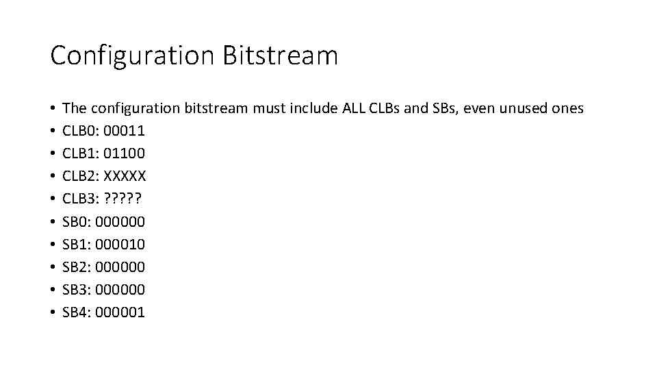 Configuration Bitstream • • • The configuration bitstream must include ALL CLBs and SBs,