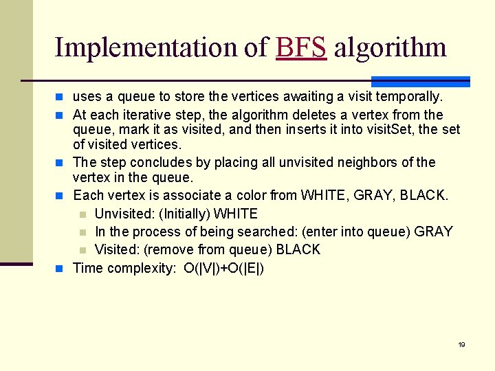 Implementation of BFS algorithm n uses a queue to store the vertices awaiting a