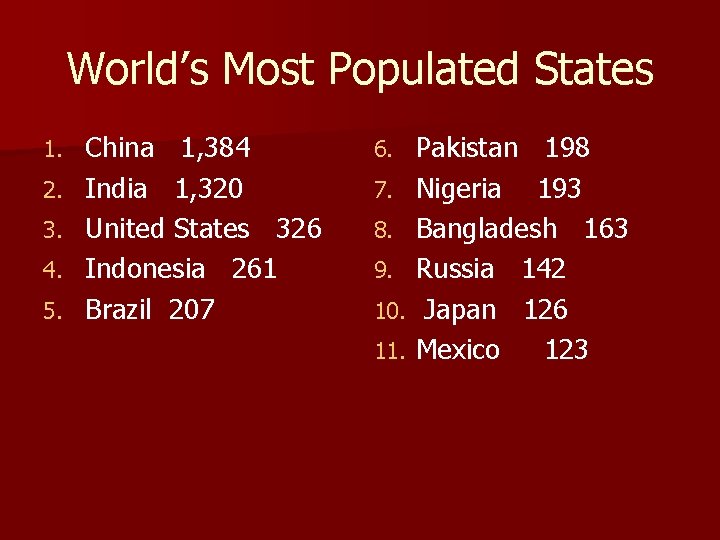 World’s Most Populated States 1. 2. 3. 4. 5. China 1, 384 India 1, World’s Most Populated States 1. 2. 3. 4. 5. China 1, 384 India 1,