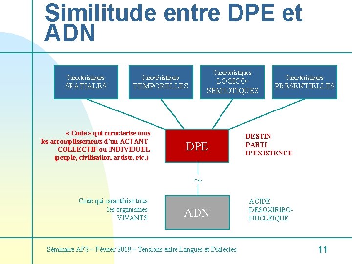 Similitude entre DPE et ADN Caractéristiques SPATIALES TEMPORELLES « Code » qui caractérise tous