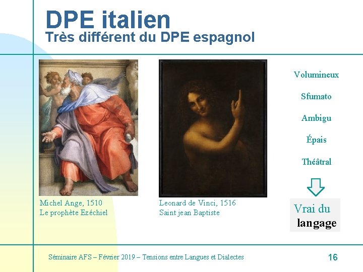 DPE italien Très différent du DPE espagnol Volumineux Sfumato Ambigu Épais Théâtral Michel Ange,