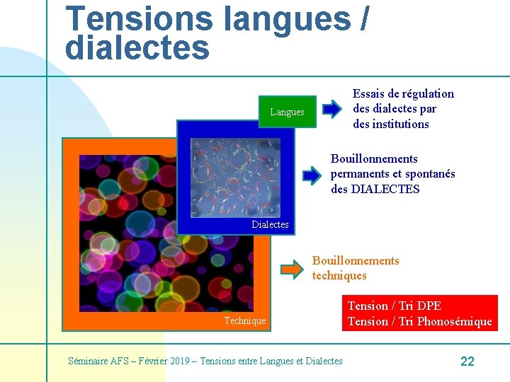 Tensions langues / dialectes Essais de régulation des dialectes par des institutions Langues Bouillonnements