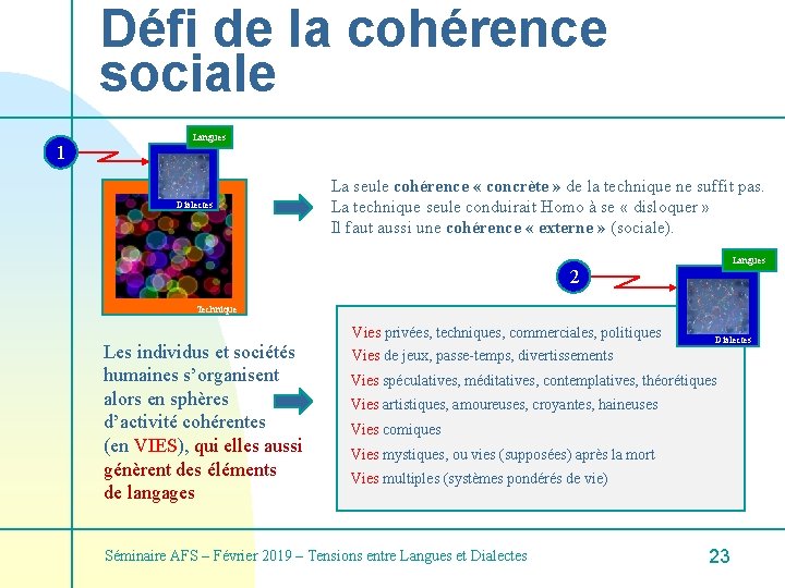 Défi de la cohérence sociale 1 Langues Dialectes La seule cohérence « concrète »