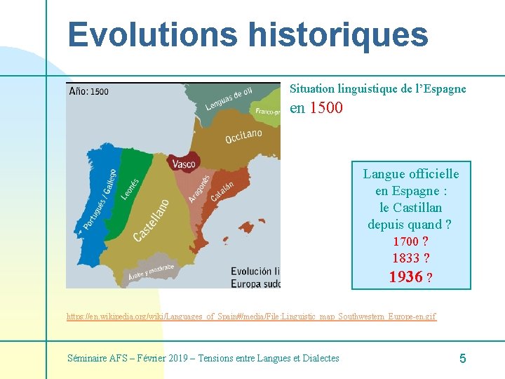 Evolutions historiques Situation linguistique de l’Espagne en 1500 Langue officielle en Espagne : le