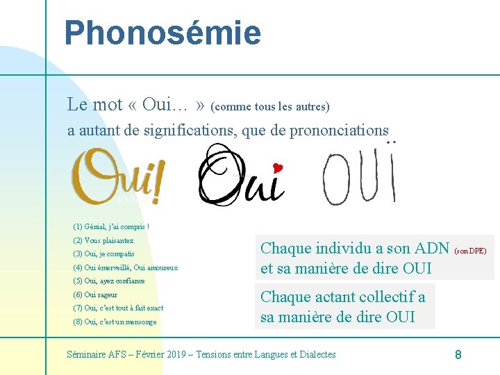 Phonosémie Le mot « Oui… » (comme tous les autres) a autant de significations,