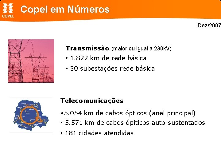Copel em Números Dez/2007 Transmissão (maior ou igual a 230 k. V) • 1.
