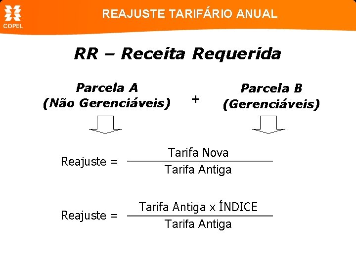 REAJUSTE TARIFÁRIO ANUAL RR – Receita Requerida Parcela A (Não Gerenciáveis) + Parcela B