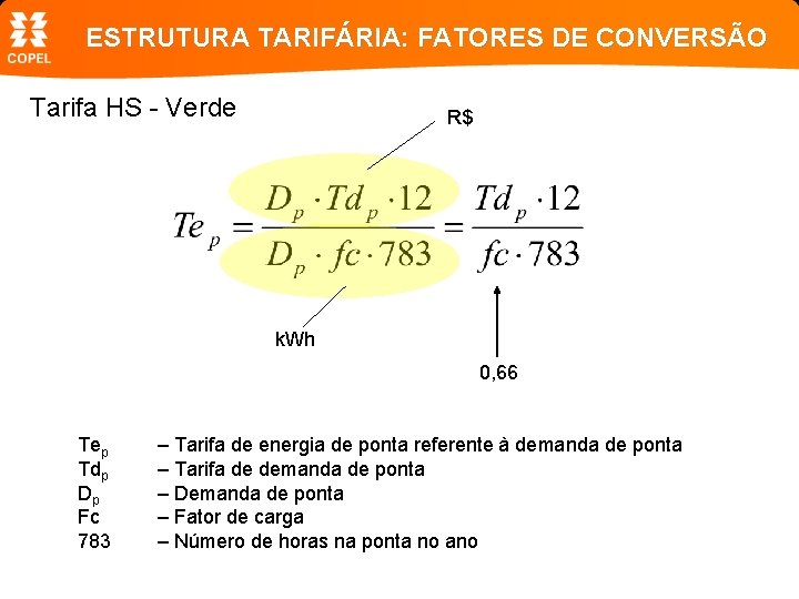 ESTRUTURA TARIFÁRIA: FATORES DE CONVERSÃO Tarifa HS - Verde R$ k. Wh 0, 66
