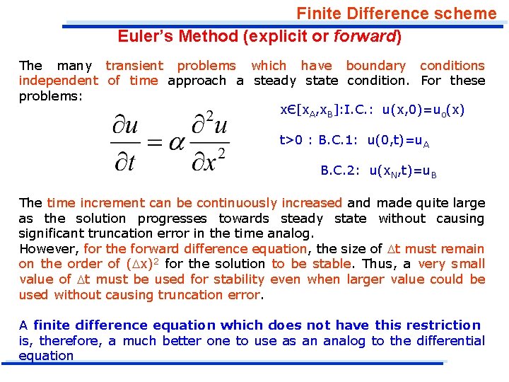 Finite Difference scheme Euler’s Method (explicit or forward) The many transient problems which have