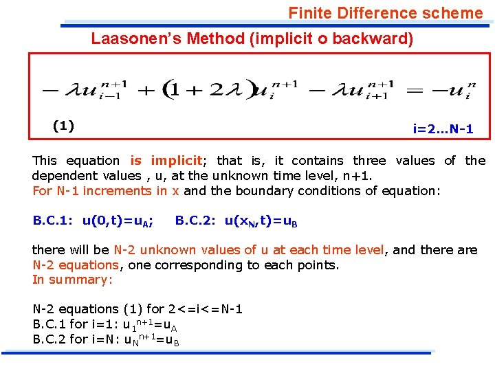 Finite Difference scheme Laasonen’s Method (implicit o backward) (1) i=2…N-1 This equation is implicit;