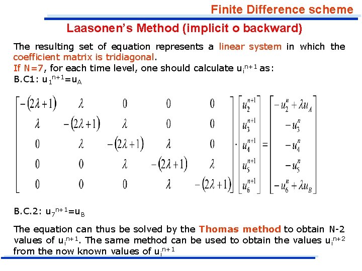 Finite Difference scheme Laasonen’s Method (implicit o backward) The resulting set of equation represents