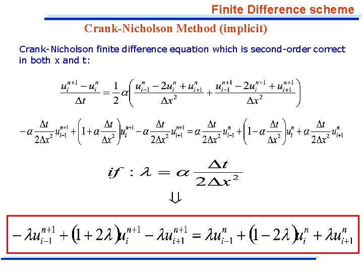 Finite Difference scheme Crank-Nicholson Method (implicit) Crank-Nicholson finite difference equation which is second-order correct