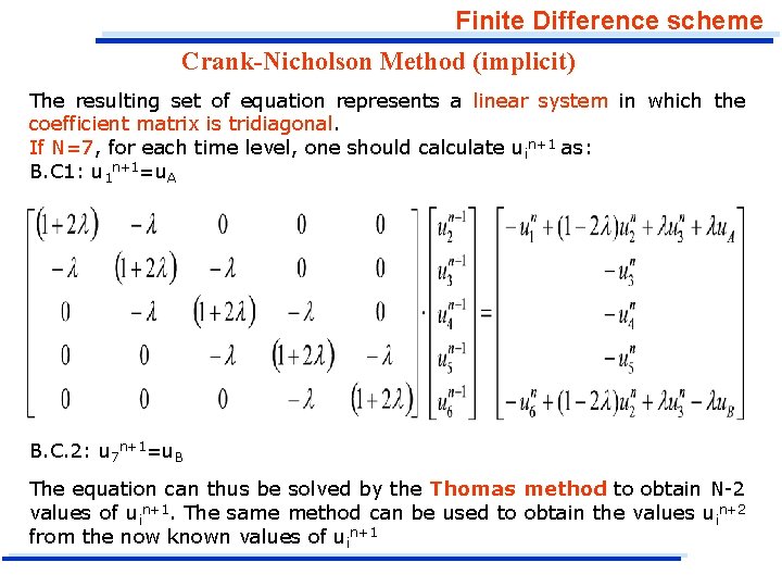 Finite Difference scheme Crank-Nicholson Method (implicit) The resulting set of equation represents a linear