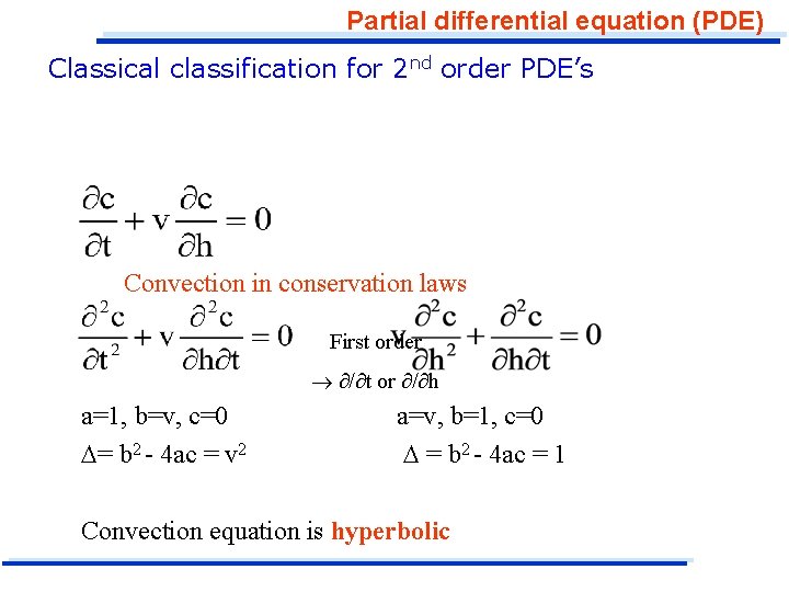 Partial differential equation (PDE) Classical classification for 2 nd order PDE’s Convection in conservation