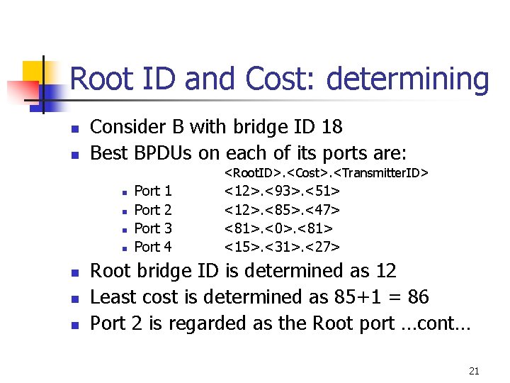 Root ID and Cost: determining n n Consider B with bridge ID 18 Best