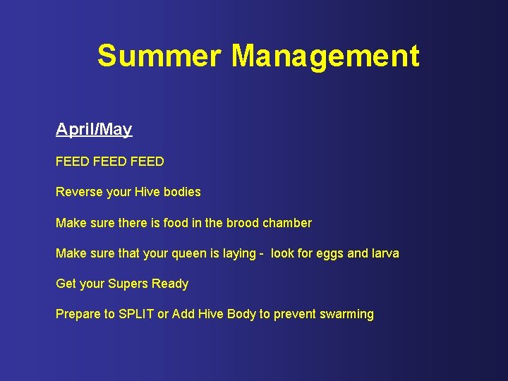 Summer Management April/May FEED Reverse your Hive bodies Make sure there is food in