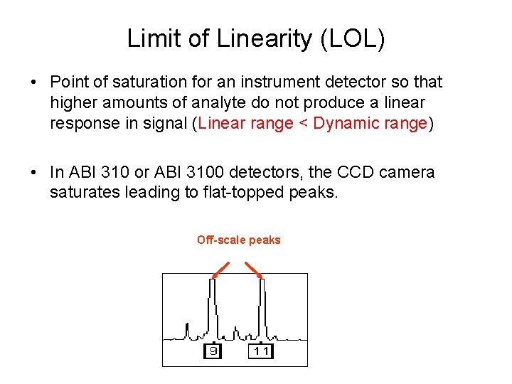 Limit of Linearity (LOL) • Point of saturation for an instrument detector so that