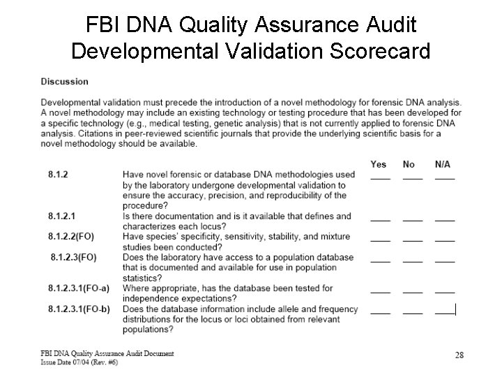 FBI DNA Quality Assurance Audit Developmental Validation Scorecard 