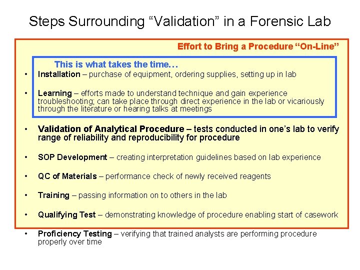 Steps Surrounding “Validation” in a Forensic Lab Effort to Bring a Procedure “On-Line” This