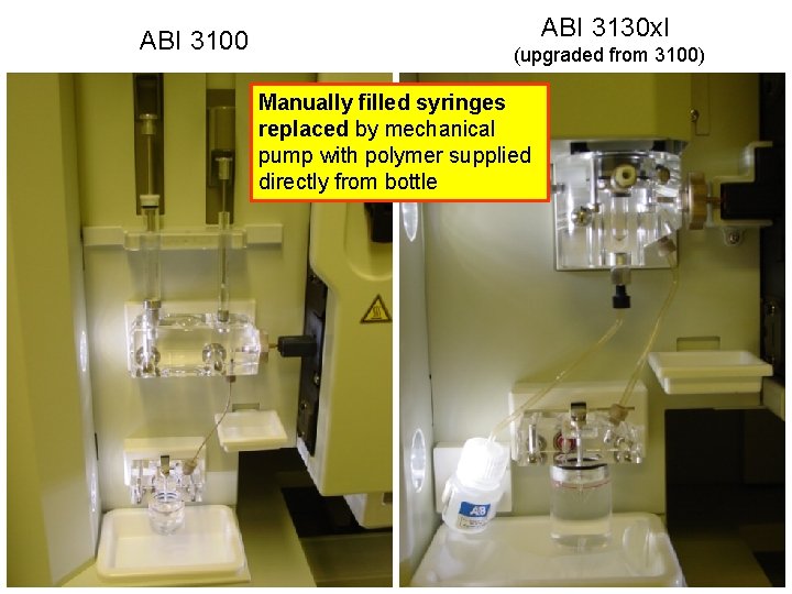 ABI 3100 ABI 3130 xl (upgraded from 3100) Manually filled syringes replaced by mechanical