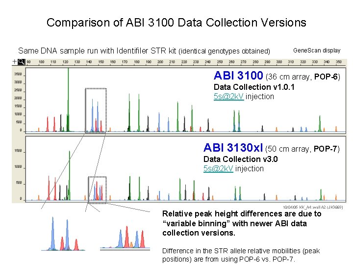 Comparison of ABI 3100 Data Collection Versions Same DNA sample run with Identifiler STR