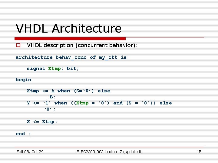 VHDL Architecture o VHDL description (concurrent behavior): architecture behav_conc of my_ckt is signal Xtmp: