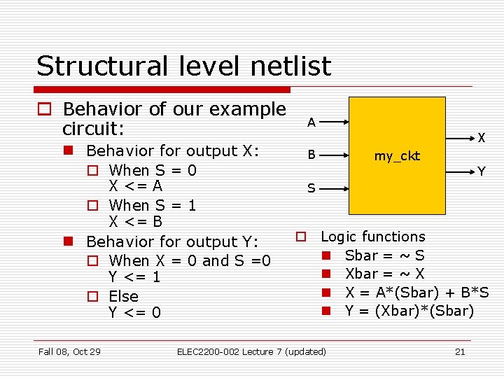 Structural level netlist o Behavior of our example circuit: A n Behavior for output