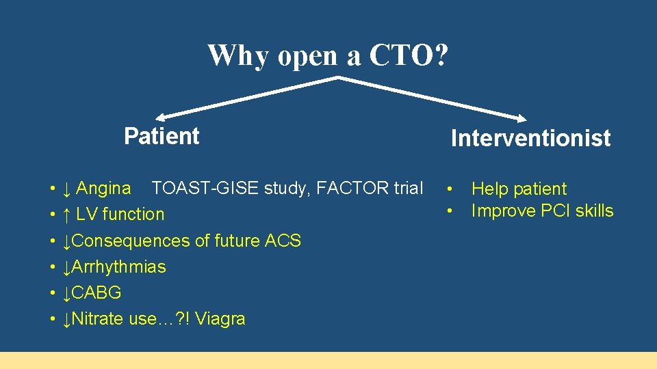 Why open a CTO? Patient • • • Interventionist ↓ Angina TOAST-GISE study, FACTOR