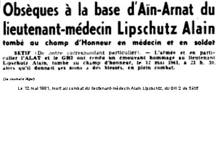 (Le Journal d’Alger) Le 12 mai 1961, mort au combat du lieutenant-médecin Alain Lipuschtz,
