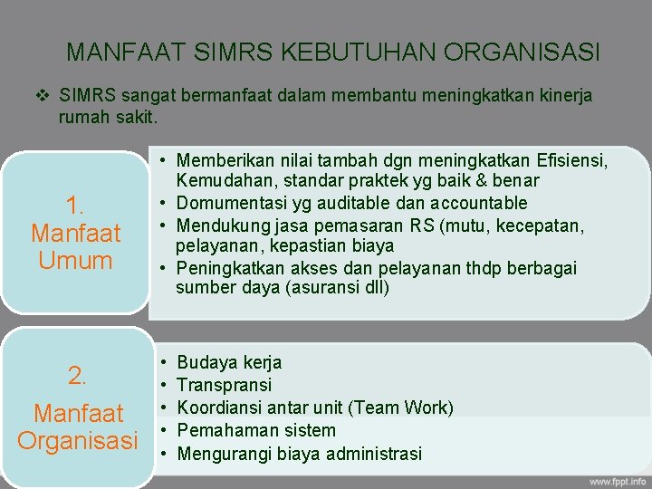 MANFAAT SIMRS KEBUTUHAN ORGANISASI v SIMRS sangat bermanfaat dalam membantu meningkatkan kinerja rumah sakit.