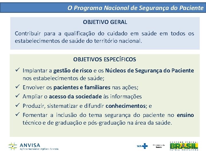 O Programa Nacional de Segurança do Paciente OBJETIVO GERAL Contribuir para a qualificação do O Programa Nacional de Segurança do Paciente OBJETIVO GERAL Contribuir para a qualificação do