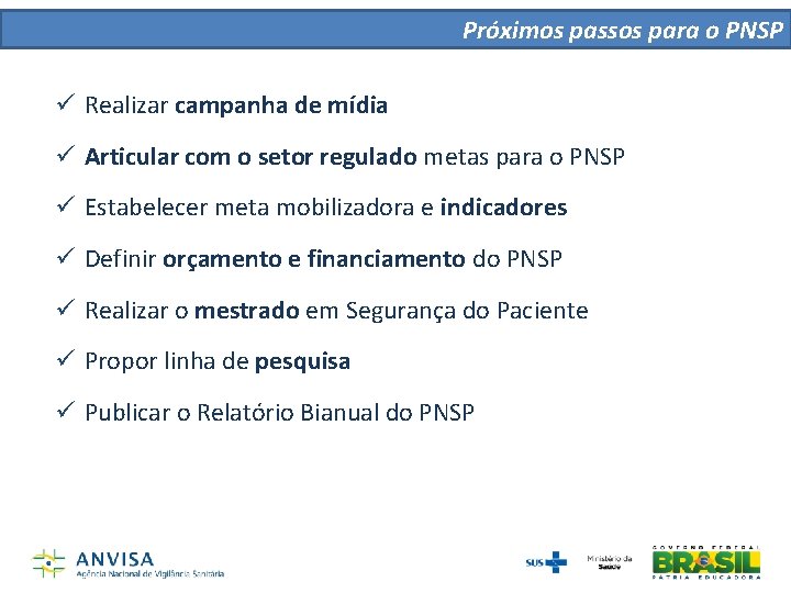 Próximos passos para o PNSP ü Realizar campanha de mídia ü Articular com o Próximos passos para o PNSP ü Realizar campanha de mídia ü Articular com o