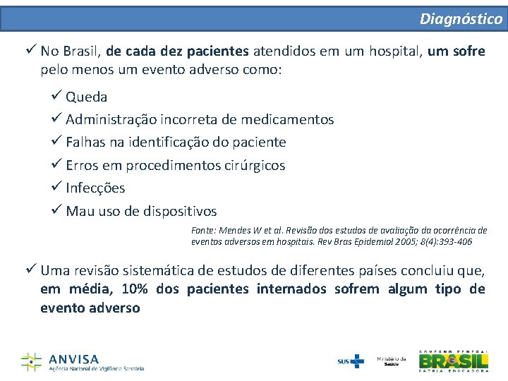 Diagnóstico ü No Brasil, de cada dez pacientes atendidos em um hospital, um sofre Diagnóstico ü No Brasil, de cada dez pacientes atendidos em um hospital, um sofre