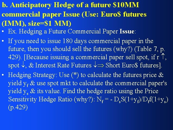 b. Anticipatory Hedge of a future $10 MM commercial paper Issue (Use: Euro$ futures